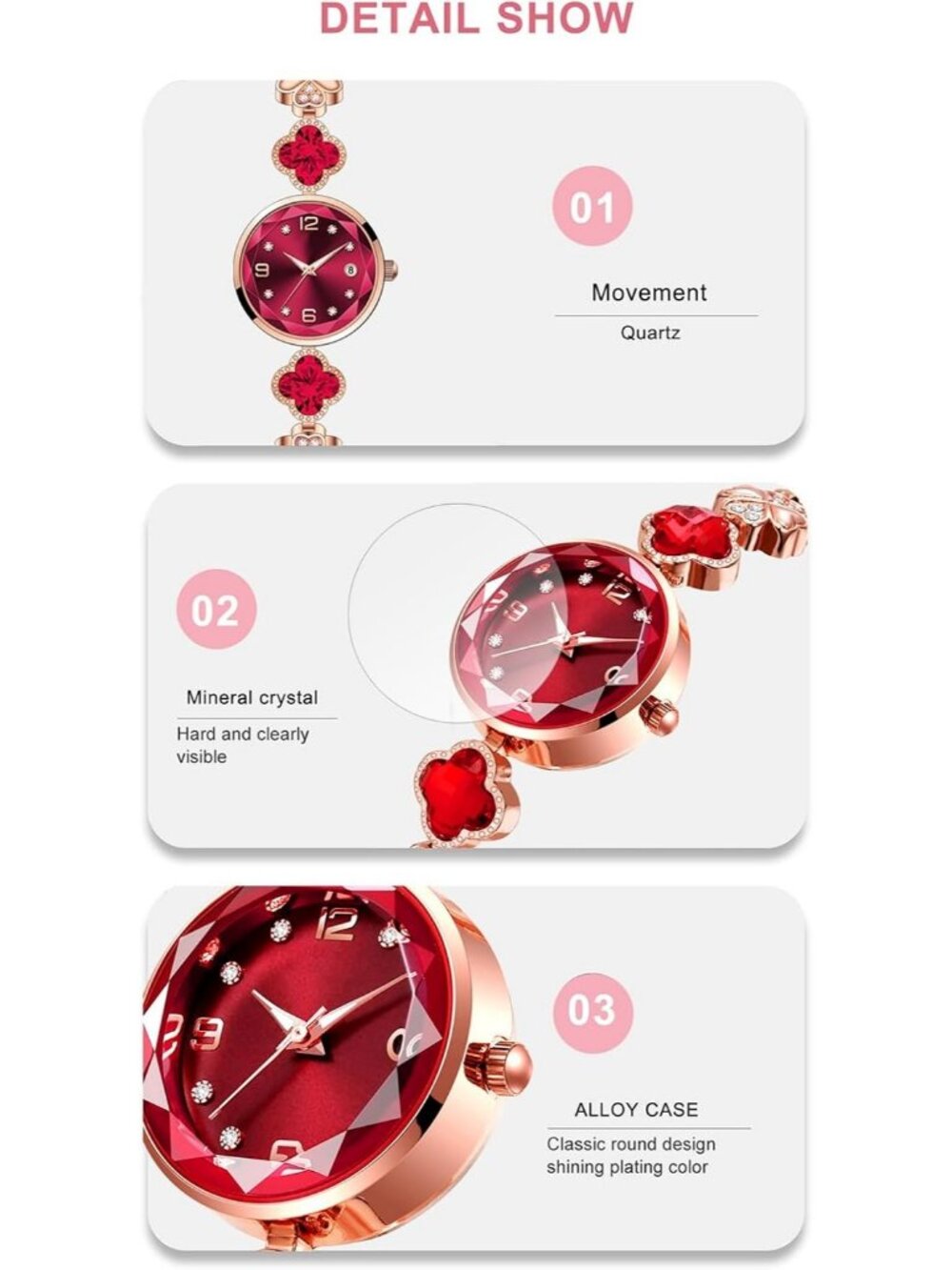 Women's Red Luxury Dress Ladies Stainless Steel Bracelet Date Wrist Watches - Picture 5 of 6